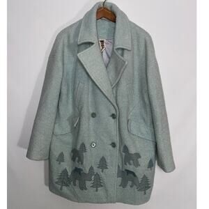 Artka Wool Blend Coat - Women's Size L - Fun Artic Bears, BOHO Style, Mint Green
